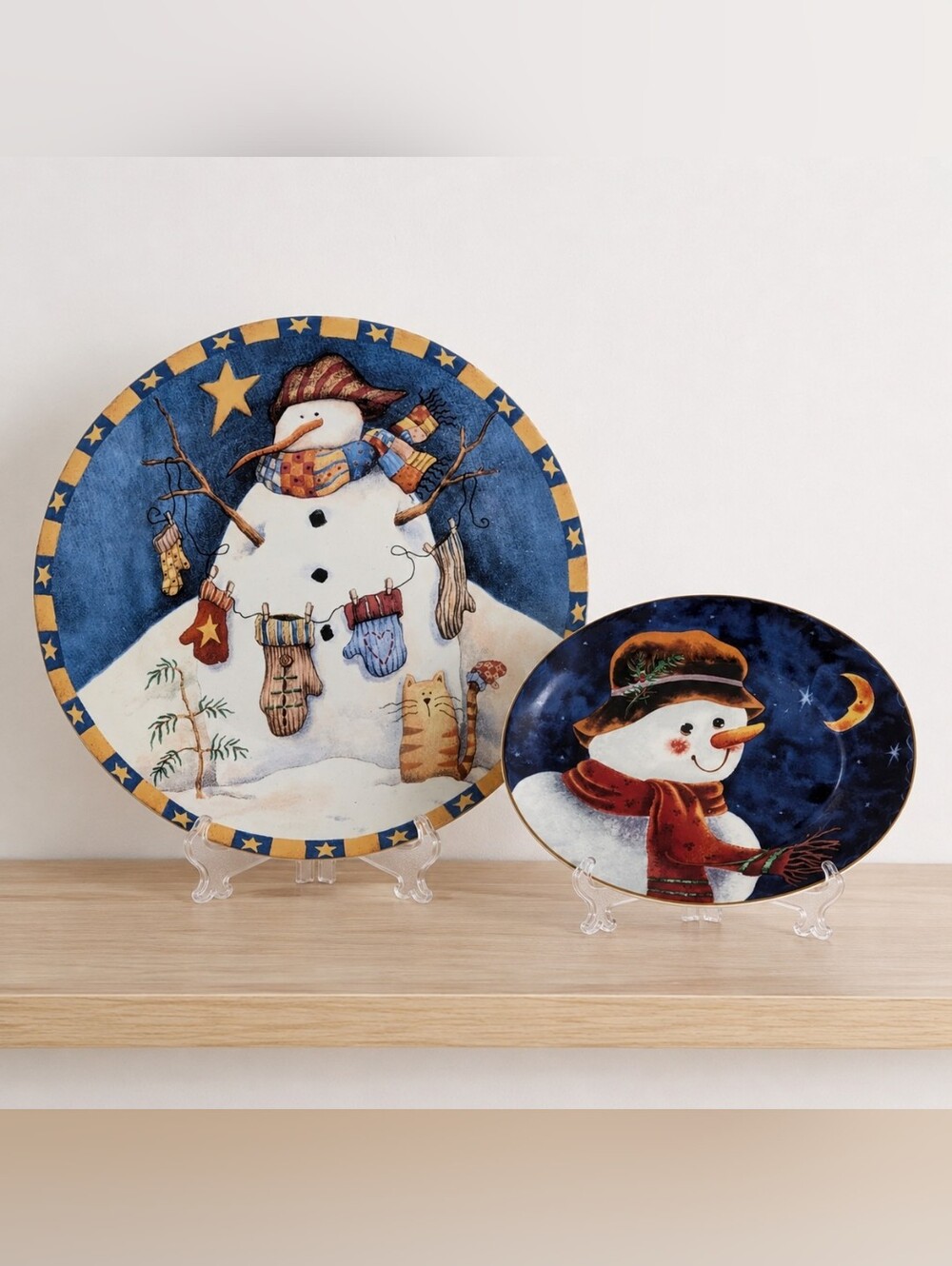 Vintage Folk Art Snowman Decorative Plate Set | Winter Holiday Wall Display